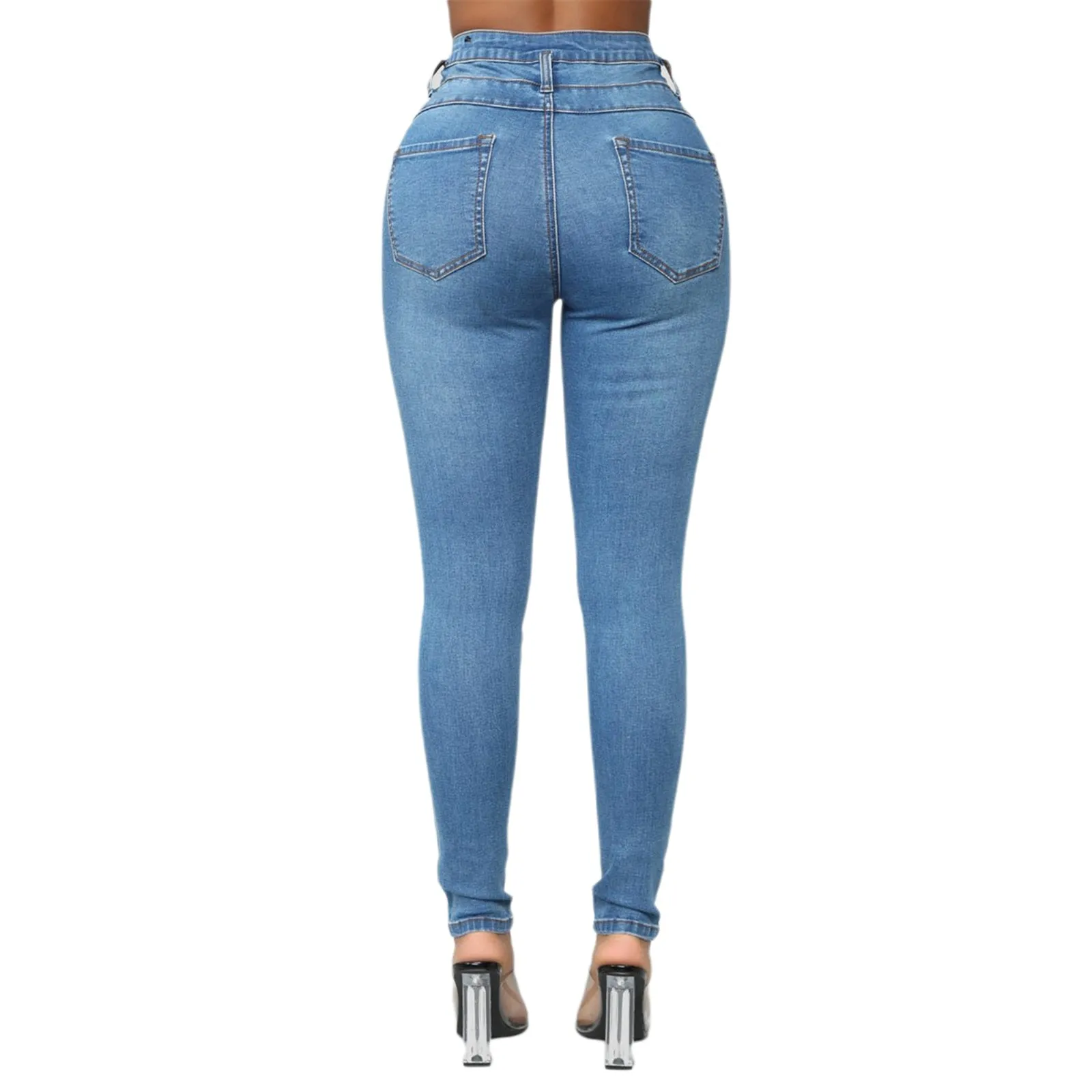 Brand New Womens Juniors Ripped High Waist Long Pants Jeans Butt Lift 3 Button Slim Fit Skinny Denim Pants with Ripped Holes