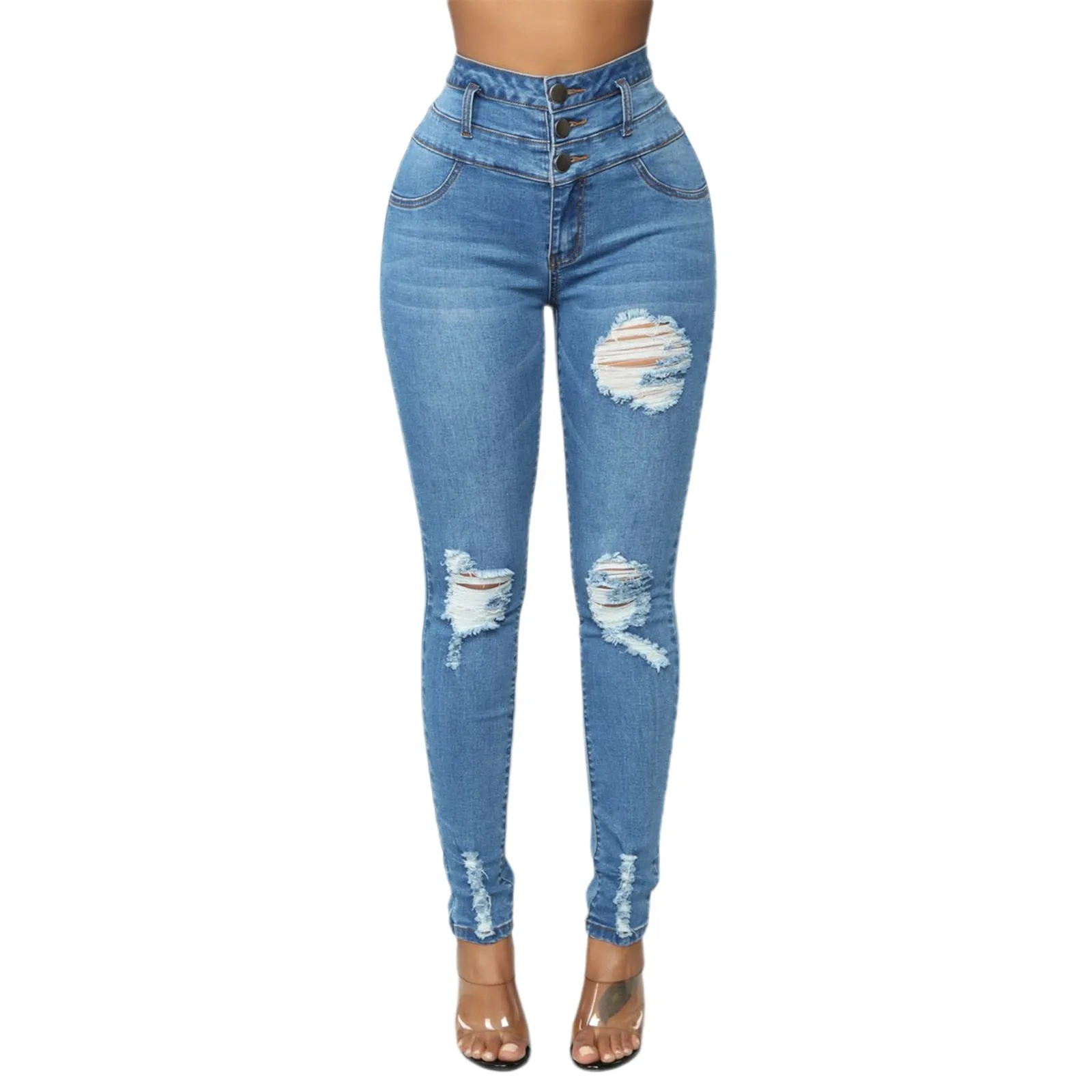 Brand New Womens Juniors Ripped High Waist Long Pants Jeans Butt Lift 3 Button Slim Fit Skinny Denim Pants with Ripped Holes