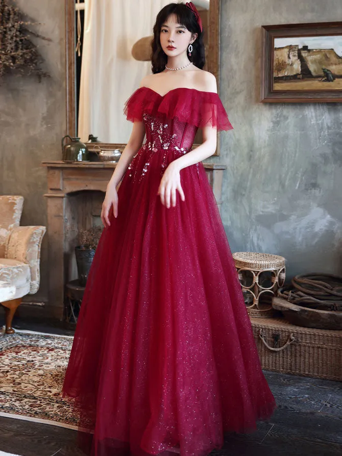Burgundy Off Shoulder Tulle Sequin Long Prom Dress Burgundy Evening Dress