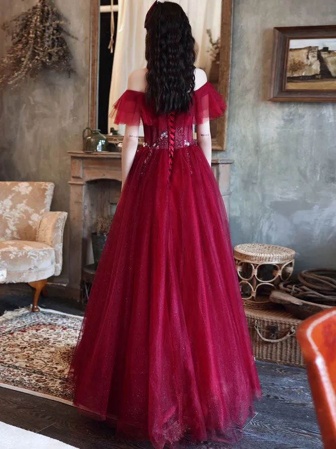 Burgundy Off Shoulder Tulle Sequin Long Prom Dress Burgundy Evening Dress
