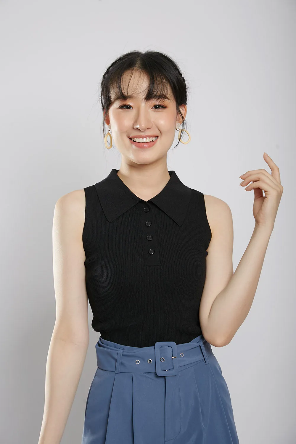 Channa Polo Collar Knit Top in Black