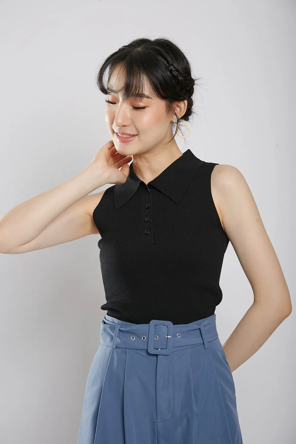 Channa Polo Collar Knit Top in Black
