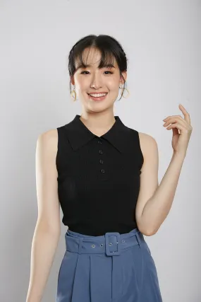 Channa Polo Collar Knit Top in Black