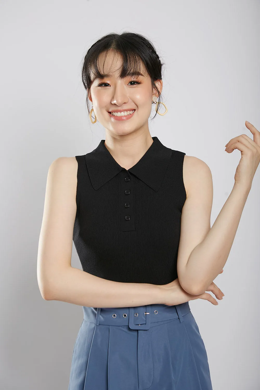 Channa Polo Collar Knit Top in Black