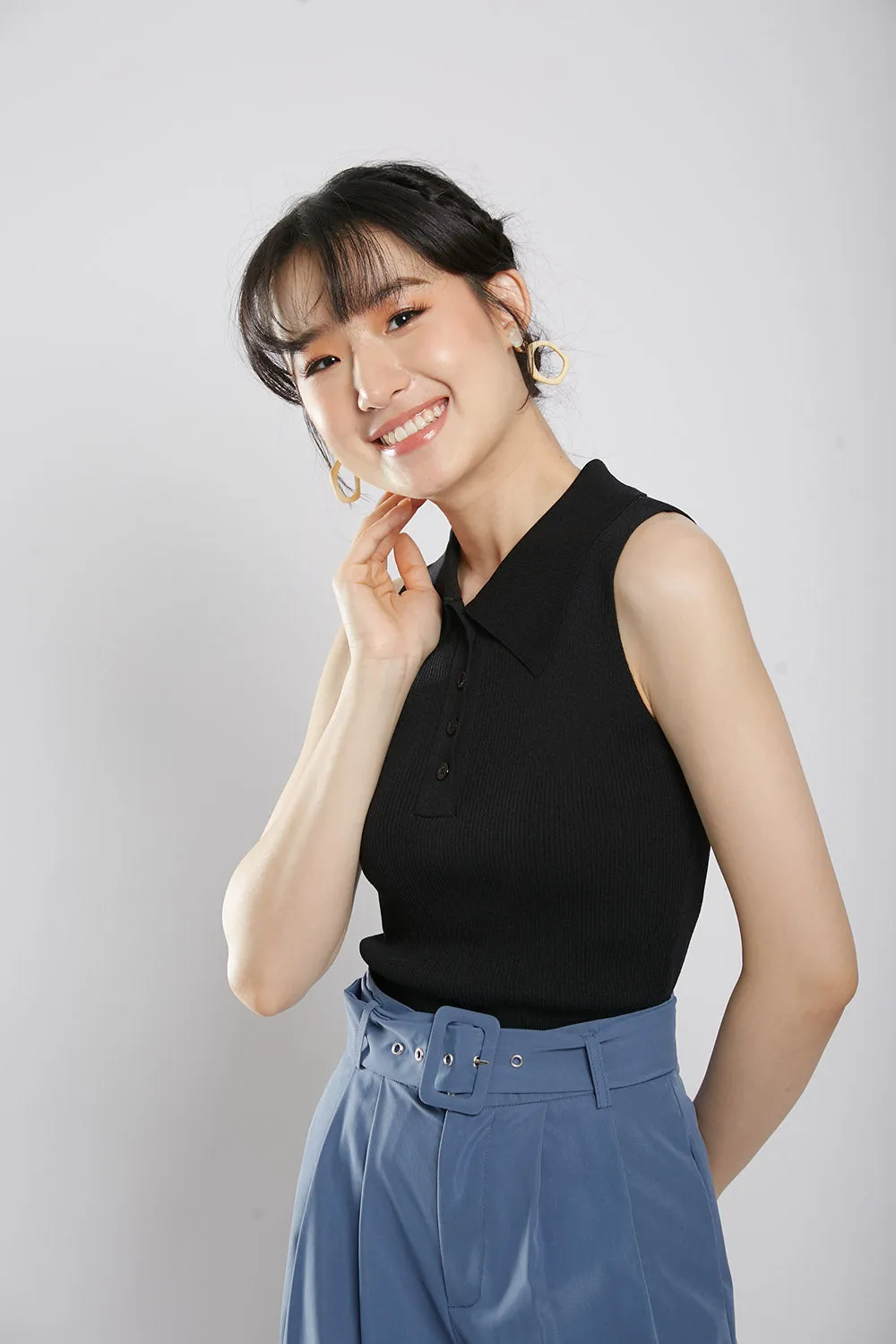 Channa Polo Collar Knit Top in Black