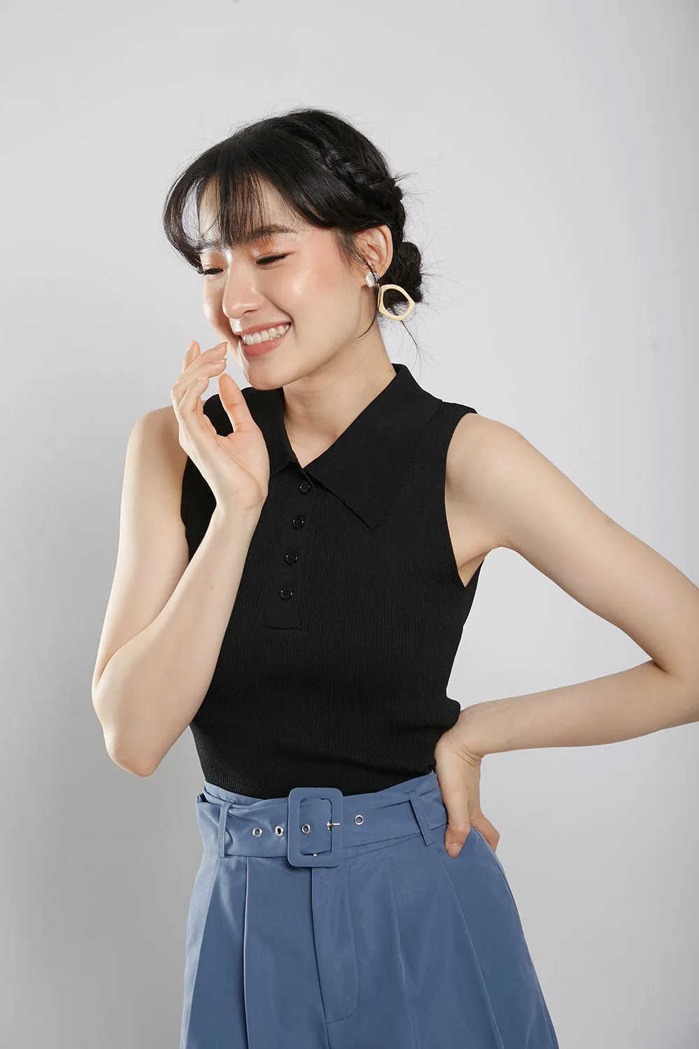 Channa Polo Collar Knit Top in Black