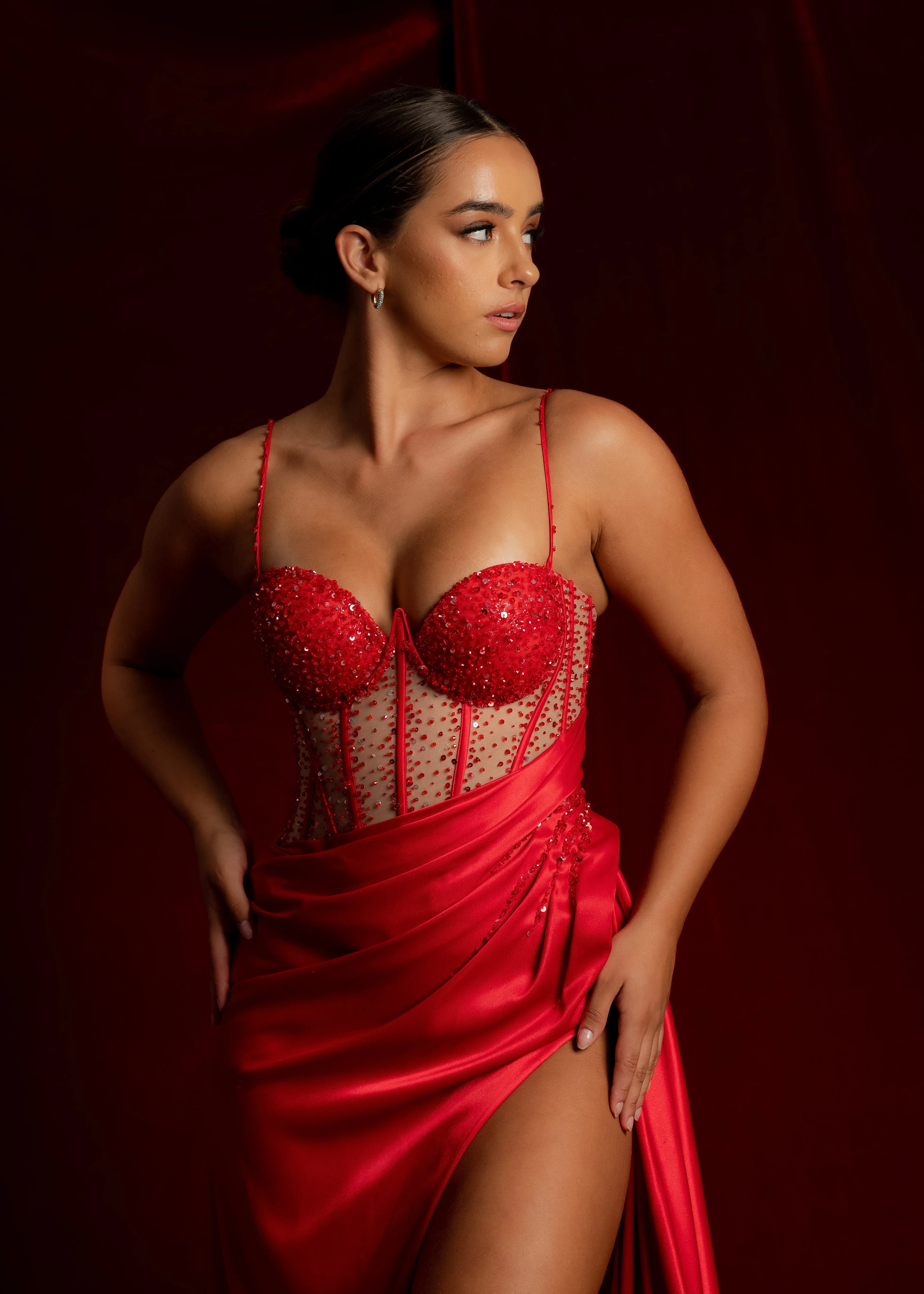 Cherry red bustier top see-through bodice beaded satin mermaid dress