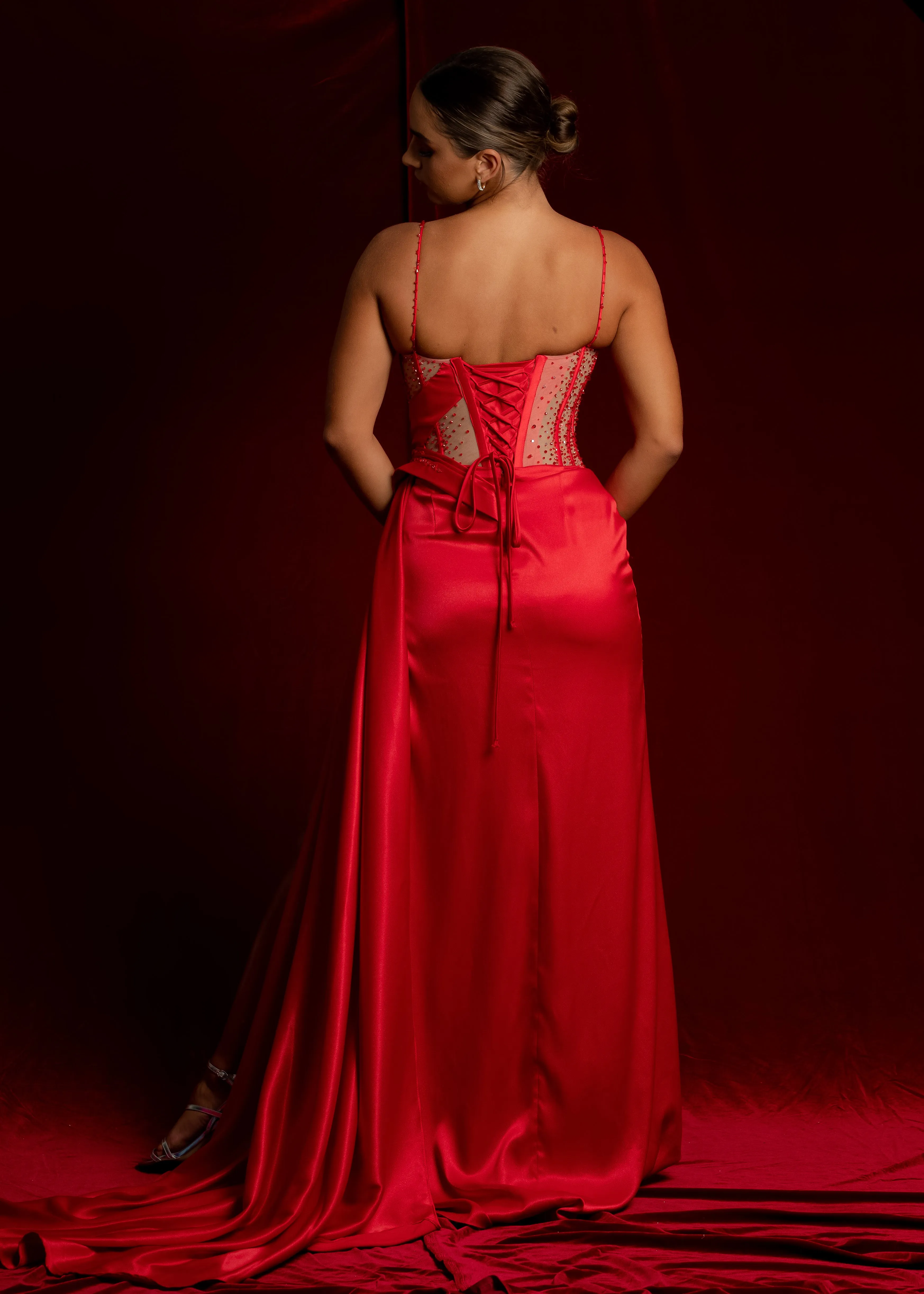 Cherry red bustier top see-through bodice beaded satin mermaid dress