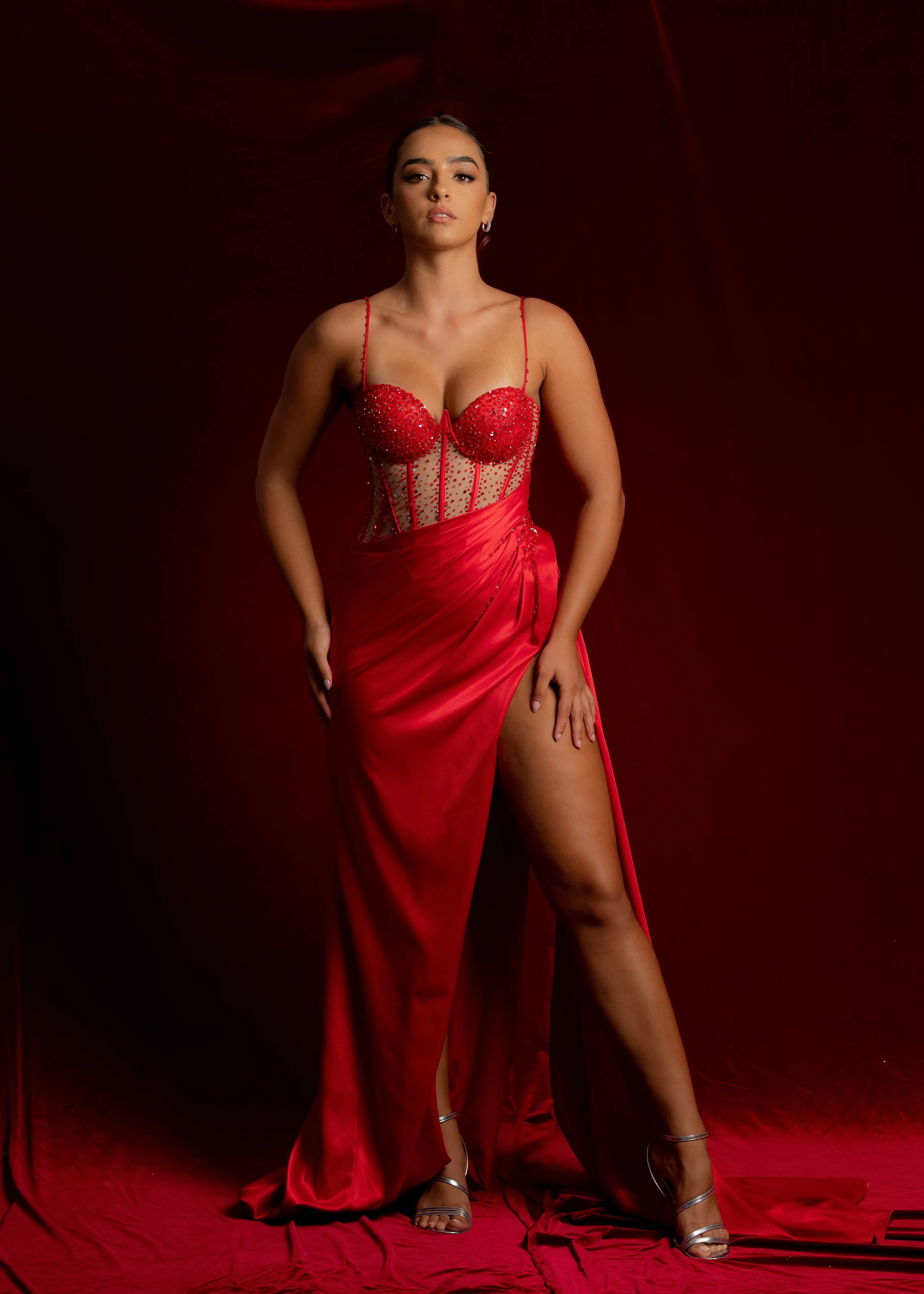 Cherry red bustier top see-through bodice beaded satin mermaid dress