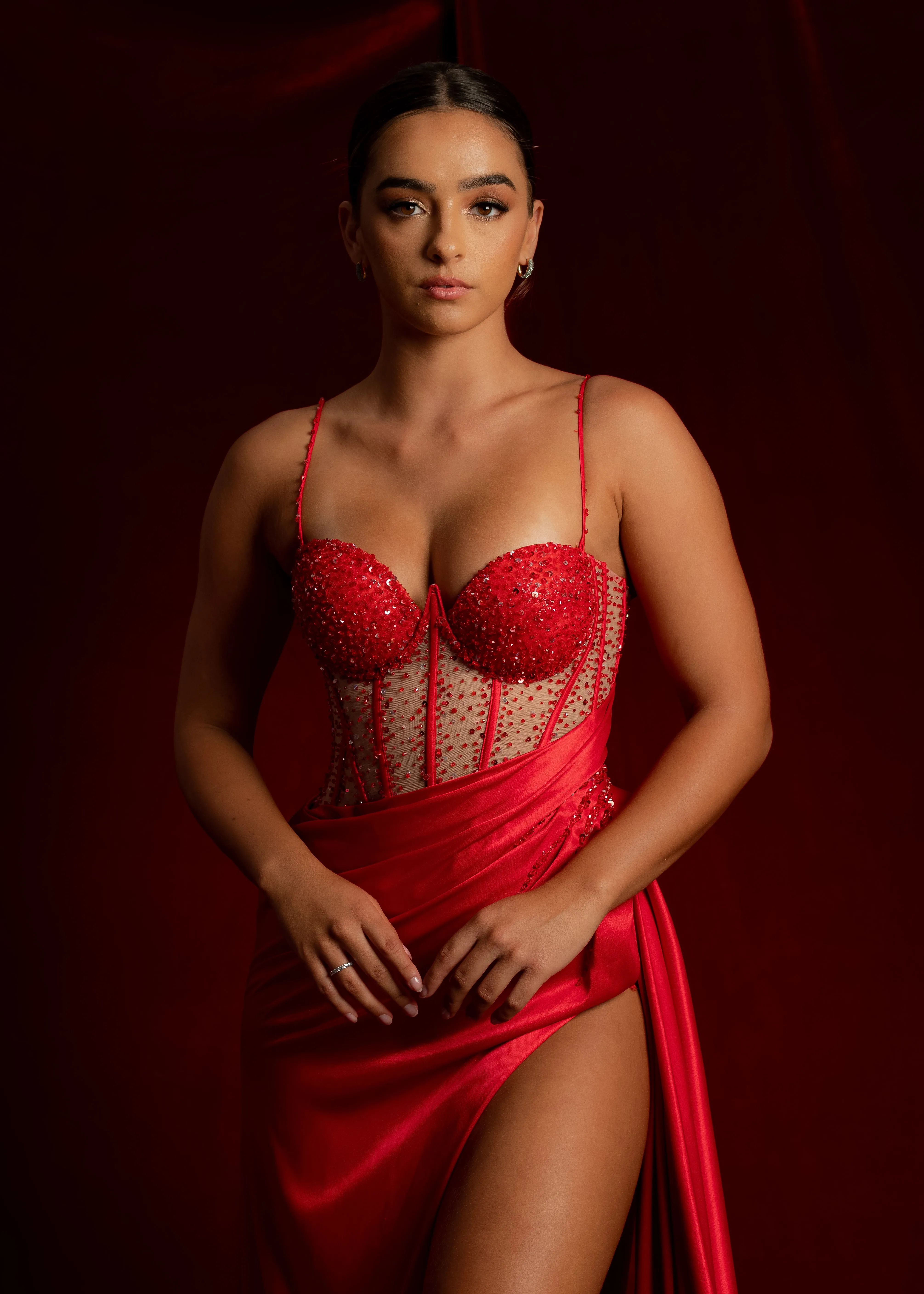 Cherry red bustier top see-through bodice beaded satin mermaid dress