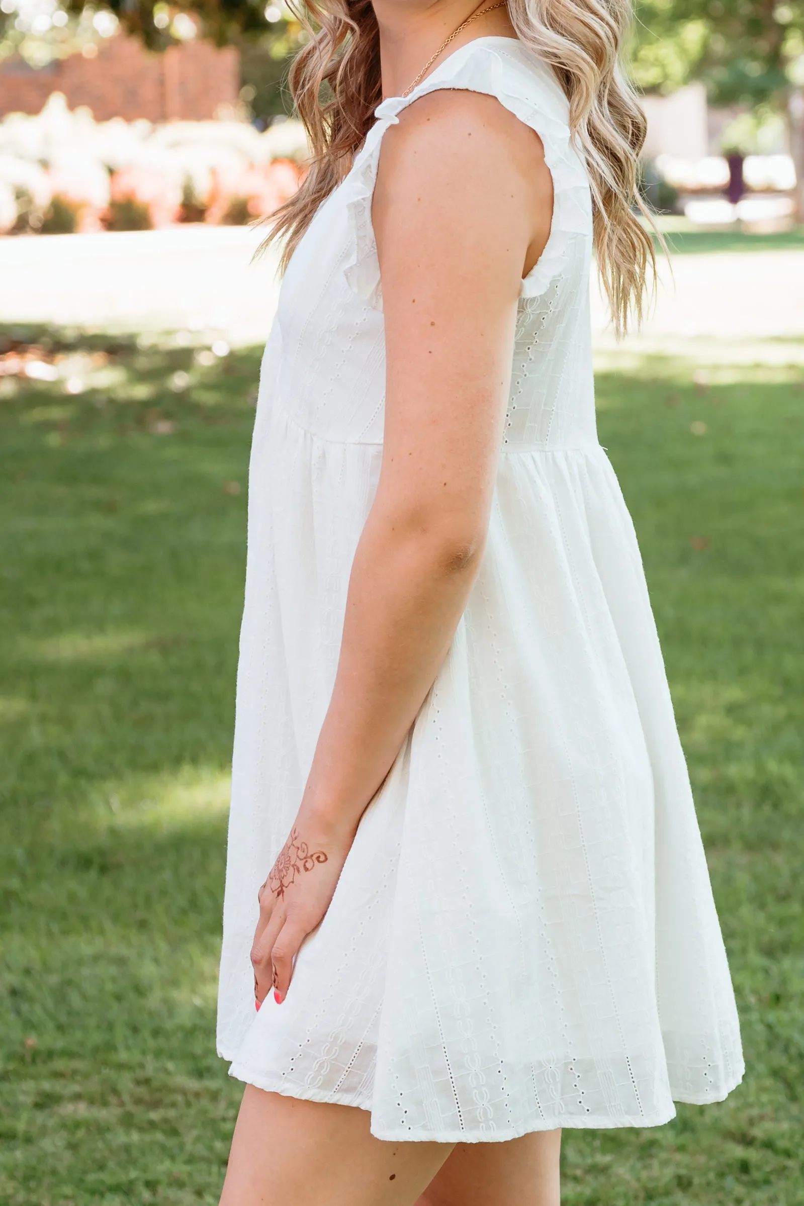 CLEARANCE - Flutter Sleeve Embroidery Eyelet Lace Dress