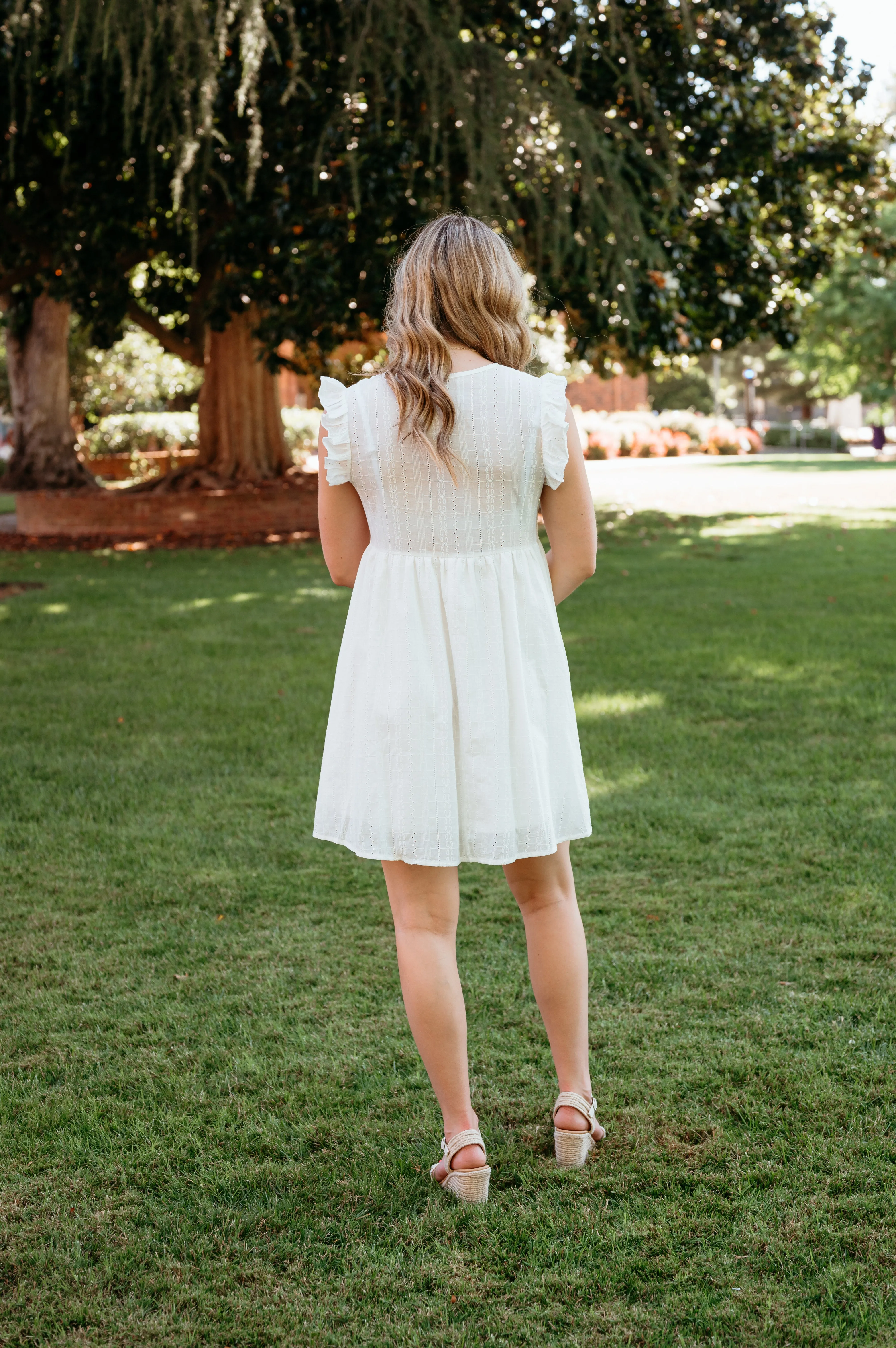 CLEARANCE - Flutter Sleeve Embroidery Eyelet Lace Dress