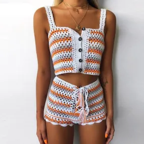 Colors Knitted Crochet Crop Top | Knitted Bikini Set | Crochet Shorts | Knitted Bralette | Lace Up Short | 2 Piece Set | Handmade Bikini Set