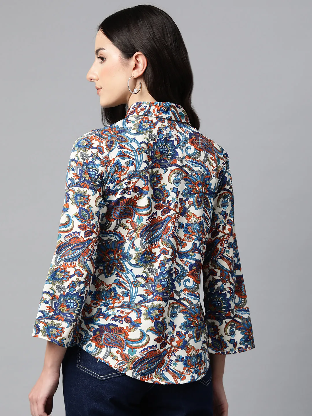 Cottinfab Print Flared Sleeves Crepe Cinched Waist Top