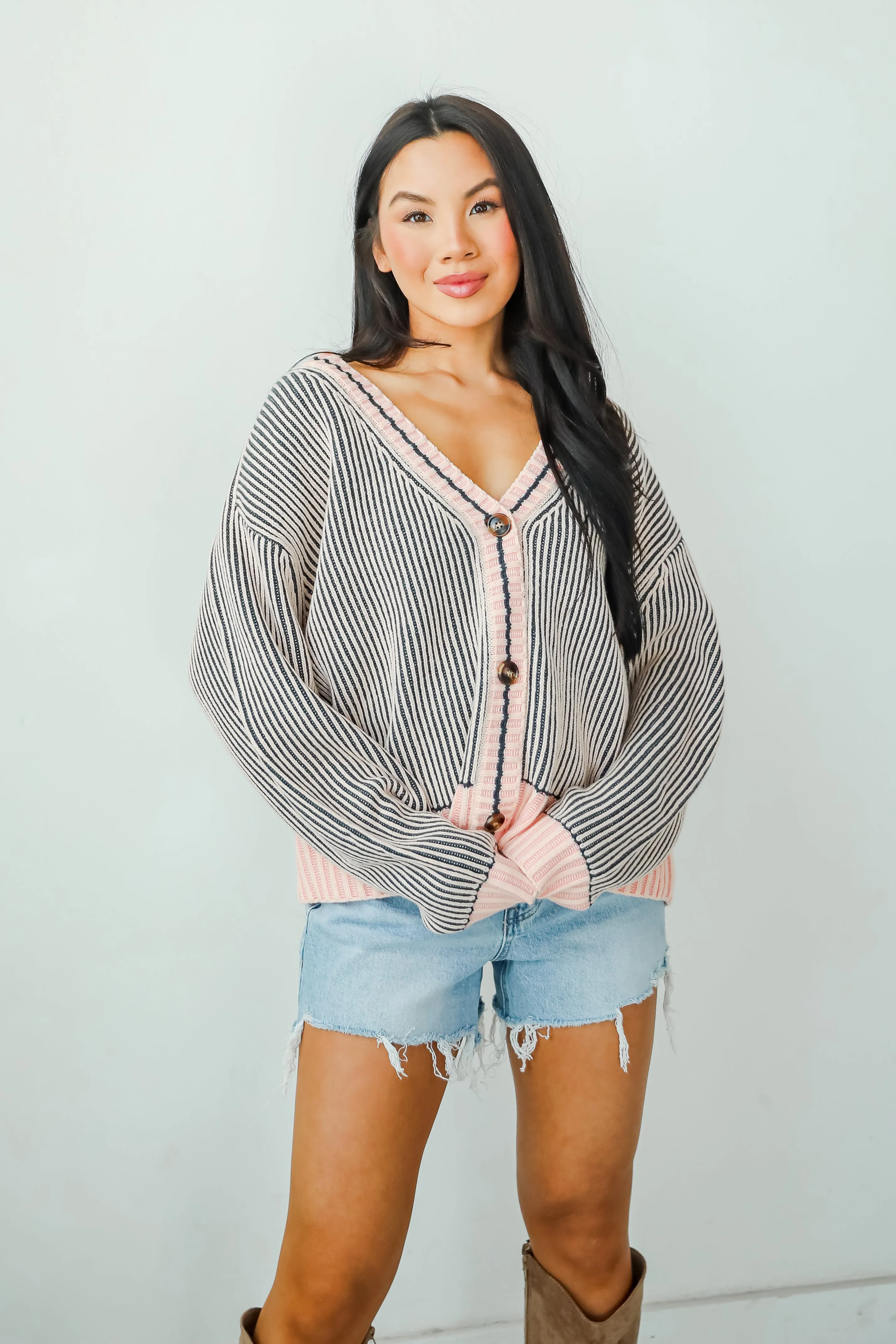 Cozy Expert Blush Striped Sweater Cardigan