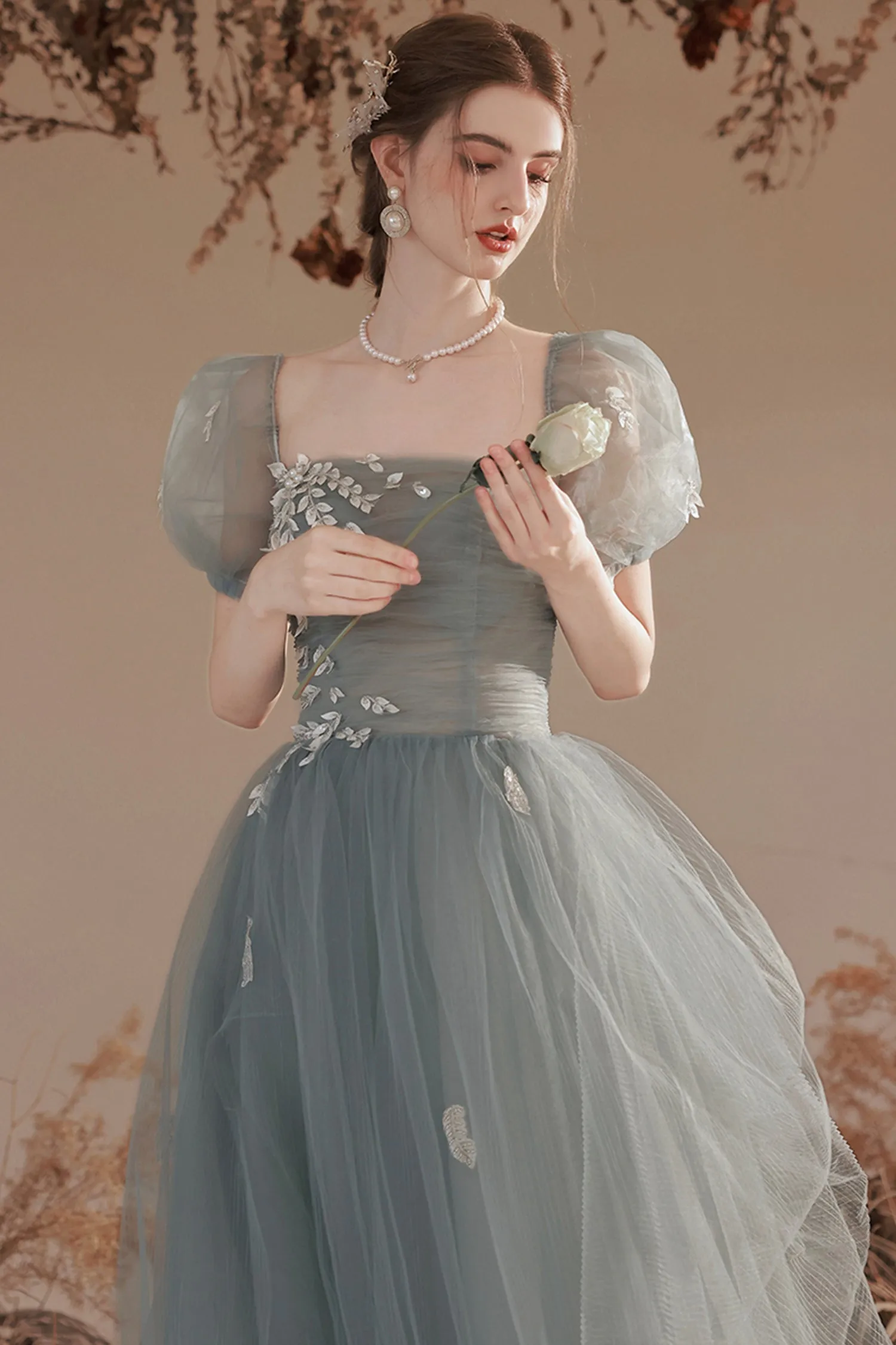 Cute Tulle Lace Long Prom Dress with Lace, A-Line Short Sleeve Graduation Dress
