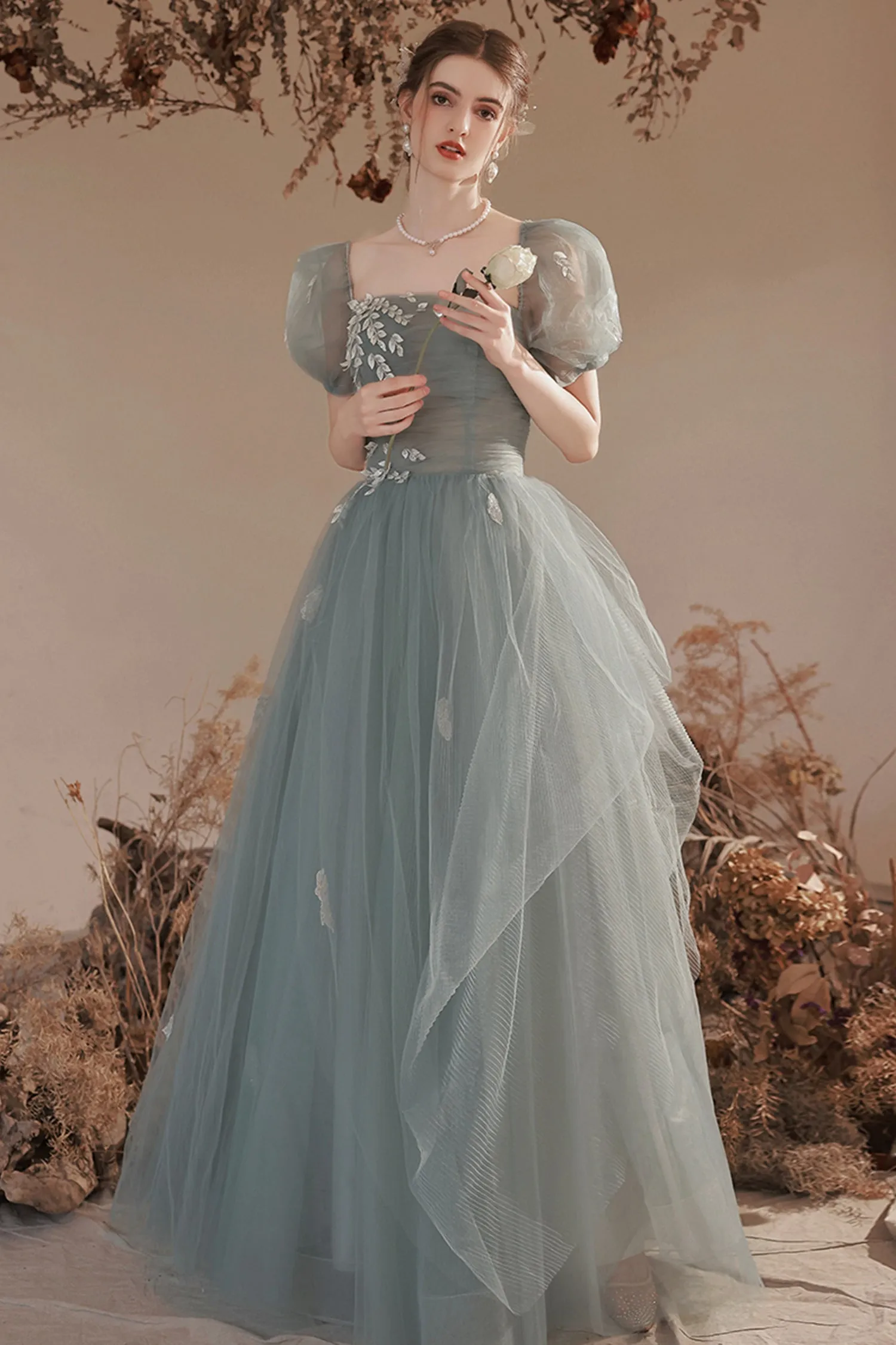 Cute Tulle Lace Long Prom Dress with Lace, A-Line Short Sleeve Graduation Dress