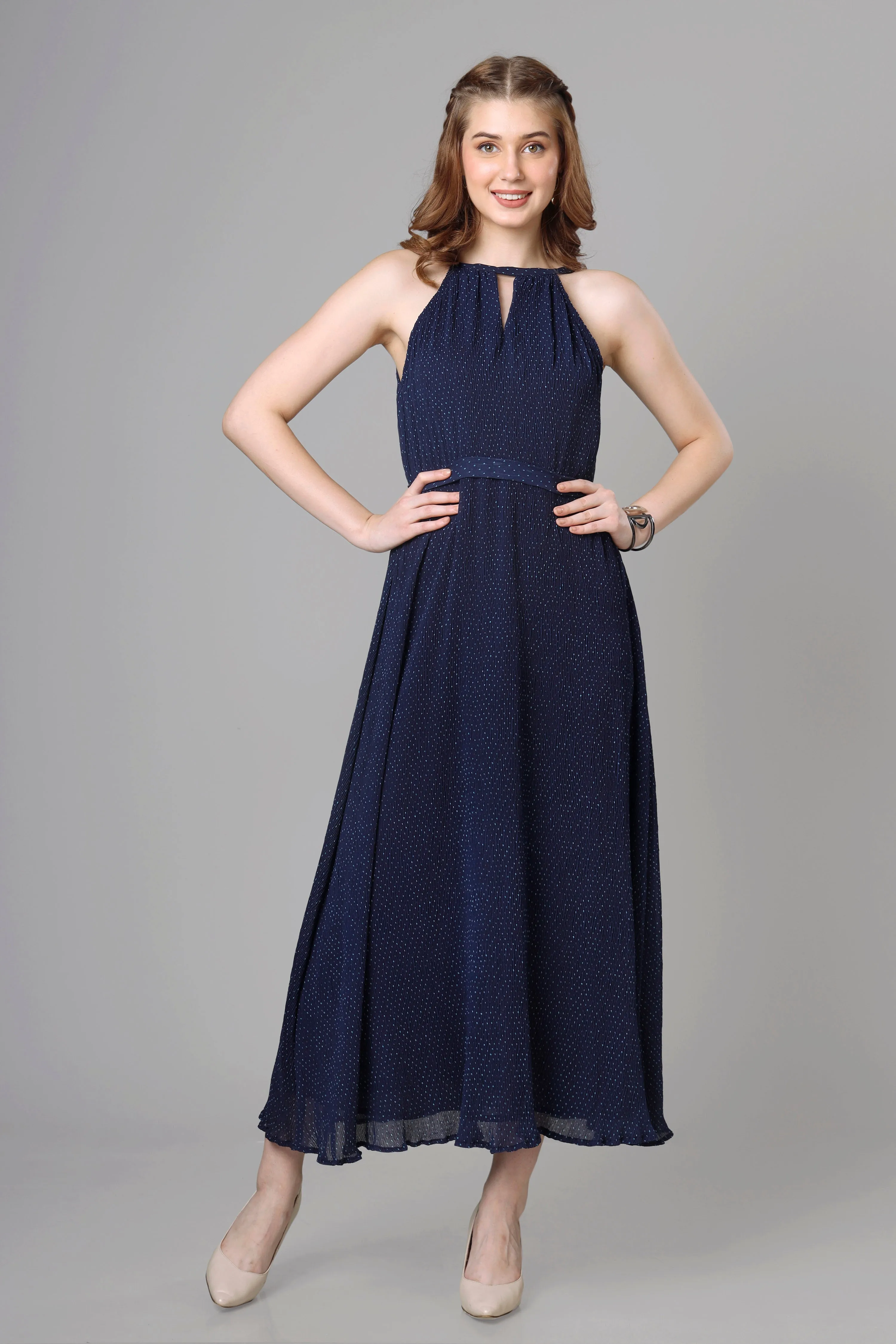 Designer Blue Pleated Dress For Women