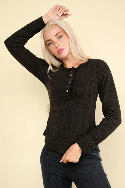 *DOORBUSTER* Shelby Button Down Washed Long Sleeve Waffle Knit Top *FINAL SALE*
