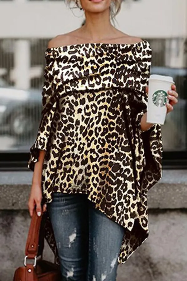 Dunnmall Elegant Solid Leopard Fold Asymmetrical Off the Shoulder Tops(7 Colors)