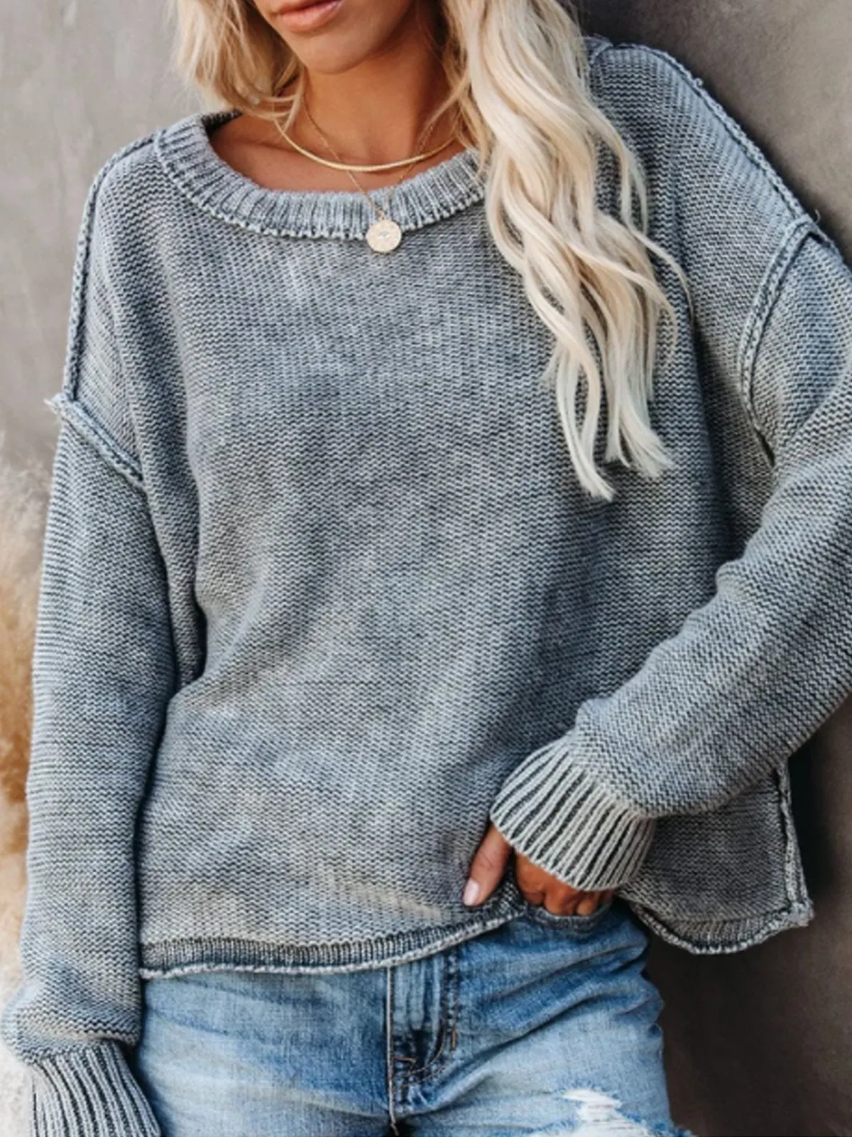 Dunnmall Gray Round Neck Long Sleeve Sweater