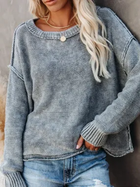Dunnmall Gray Round Neck Long Sleeve Sweater