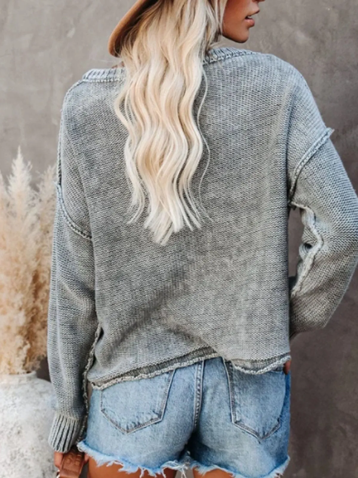 Dunnmall Gray Round Neck Long Sleeve Sweater