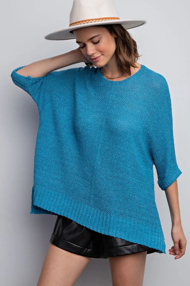 Easel Half Sleeve Round Neck Loose Knit Sweater