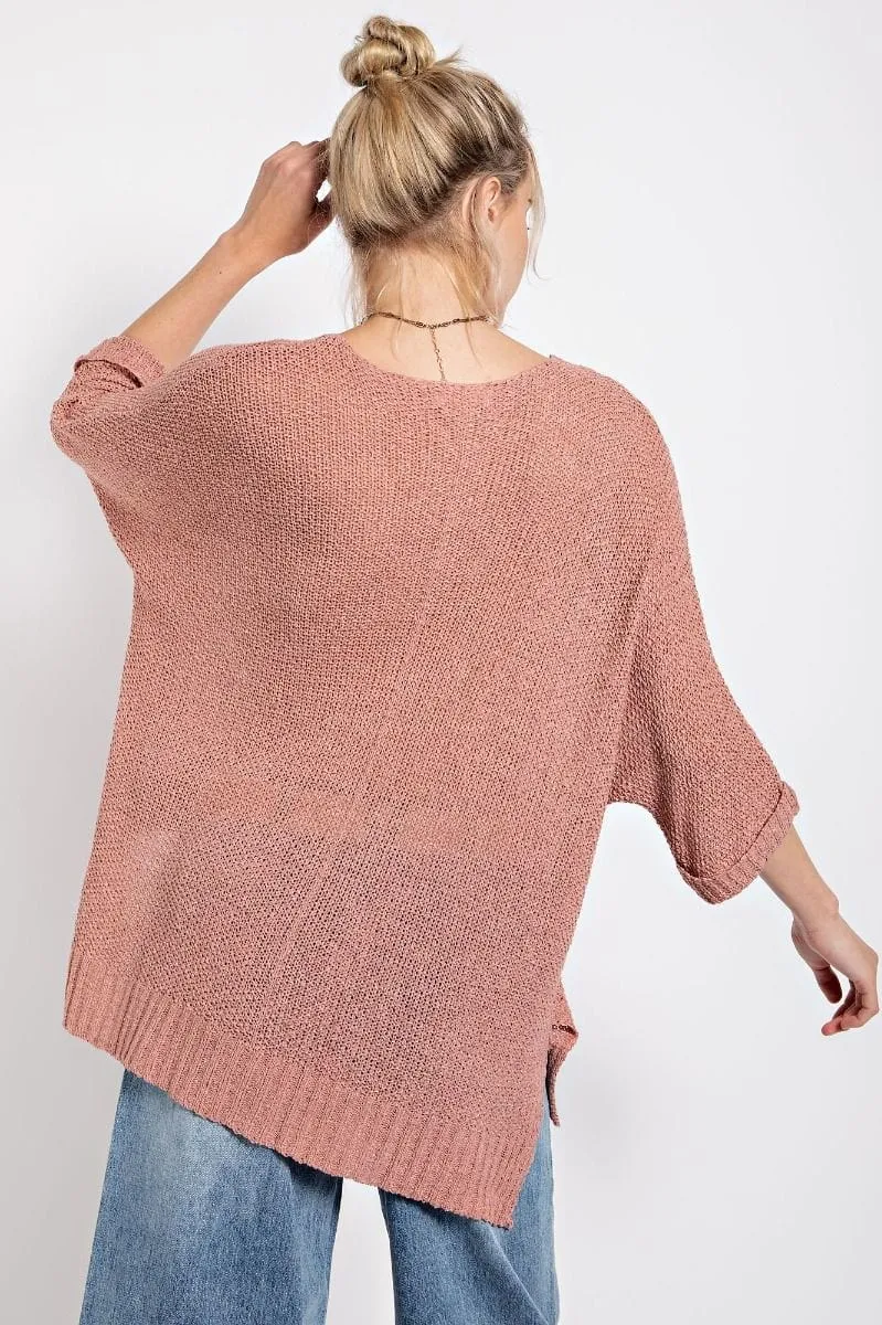 Easel Half Sleeve Round Neck Loose Knit Sweater