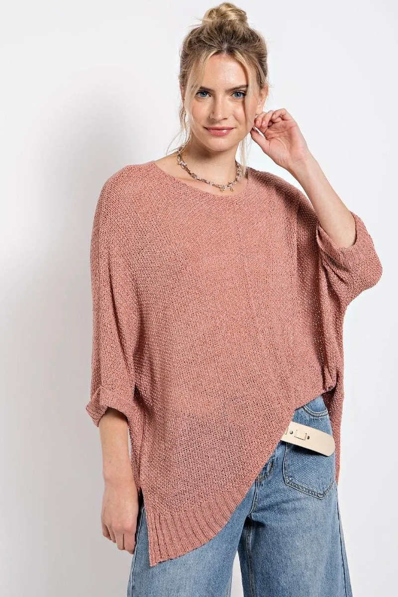 Easel Half Sleeve Round Neck Loose Knit Sweater