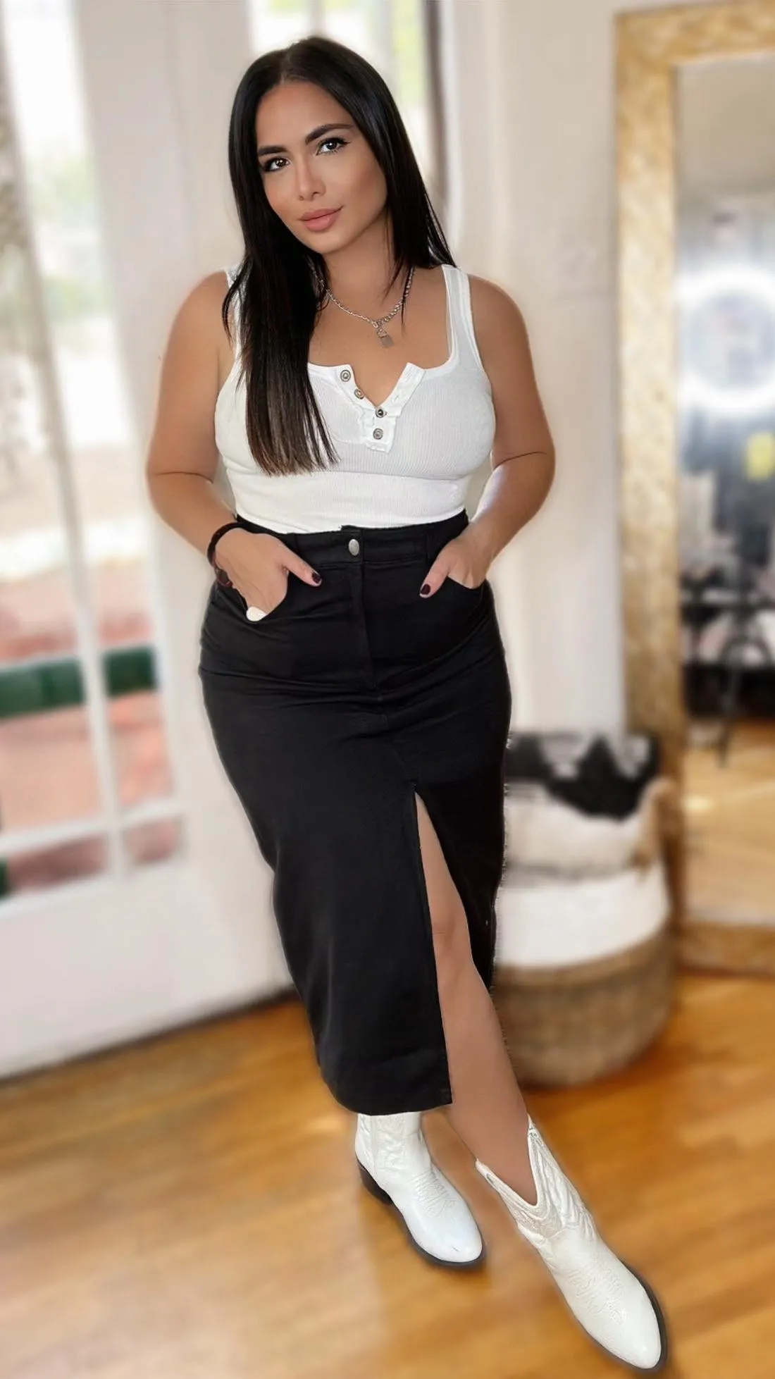 Edgy Split Front Midi Skirt