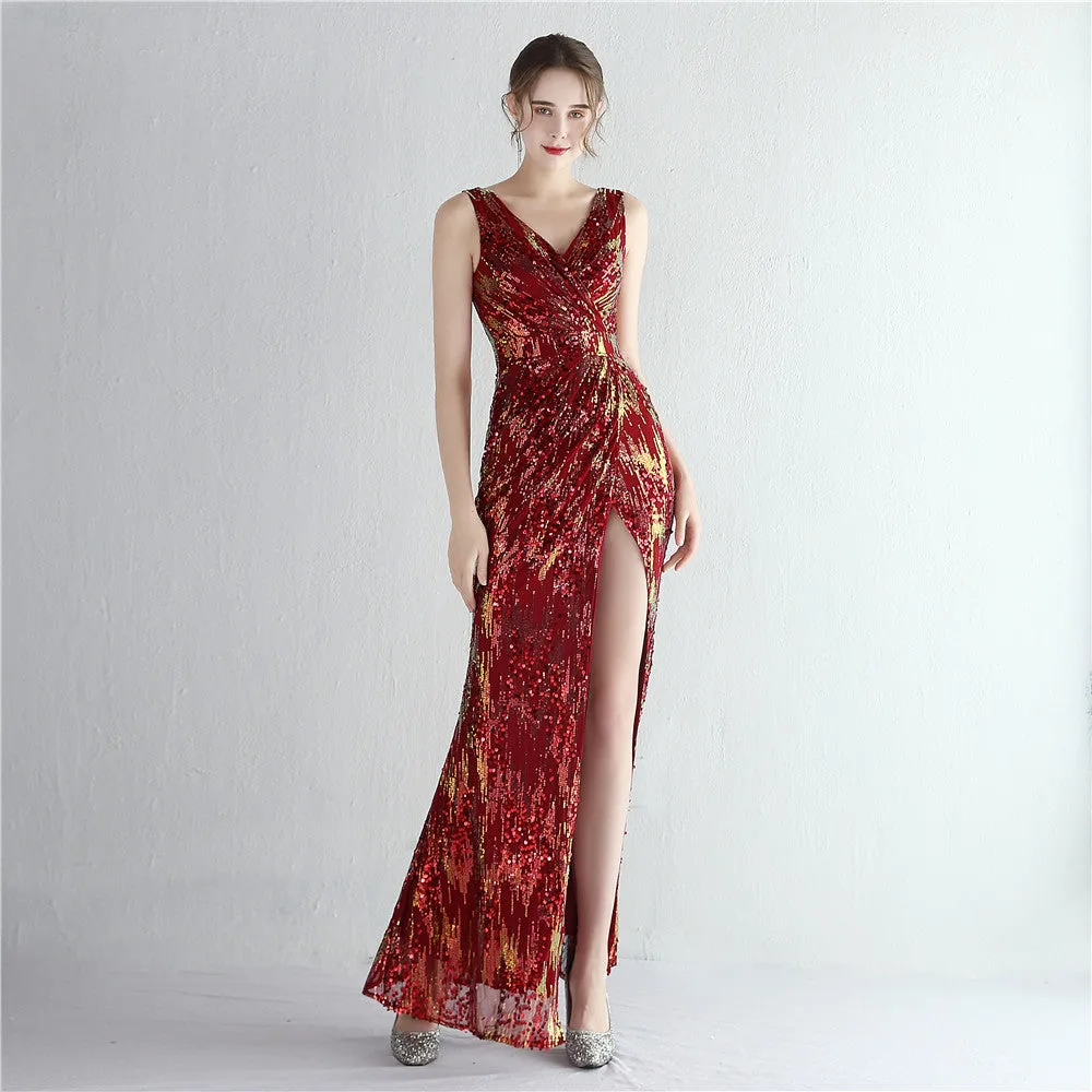 Elegant V-Neck Split Long Sequined Evening Dress