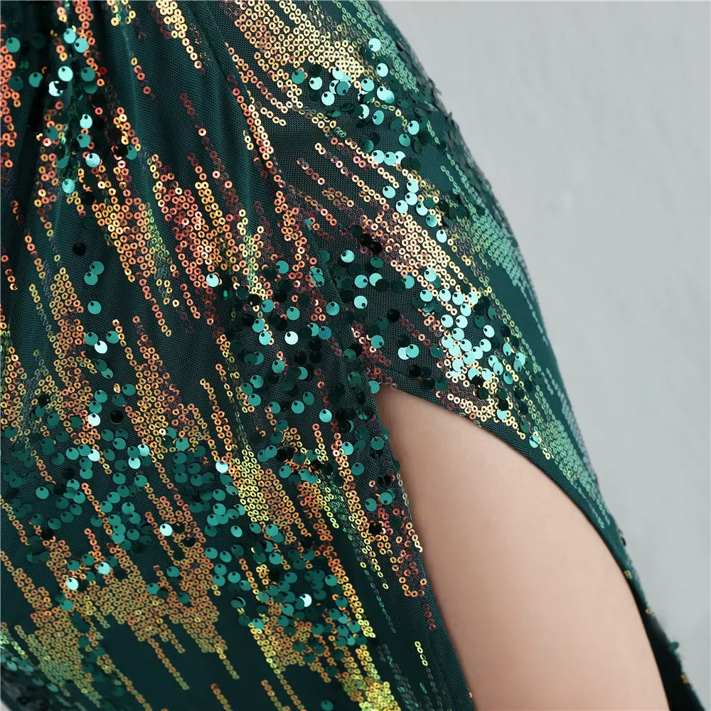 Elegant V-Neck Split Long Sequined Evening Dress