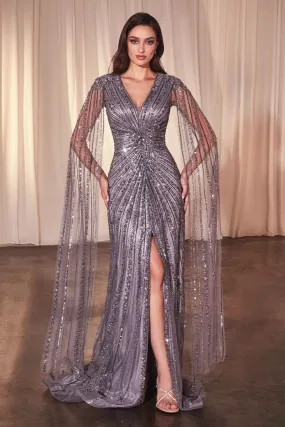 FORMAL LONG SHEATH SEQUISN EMBELLISHED TULLE DRESS W/ FLOOR LENGTH SLEEVES