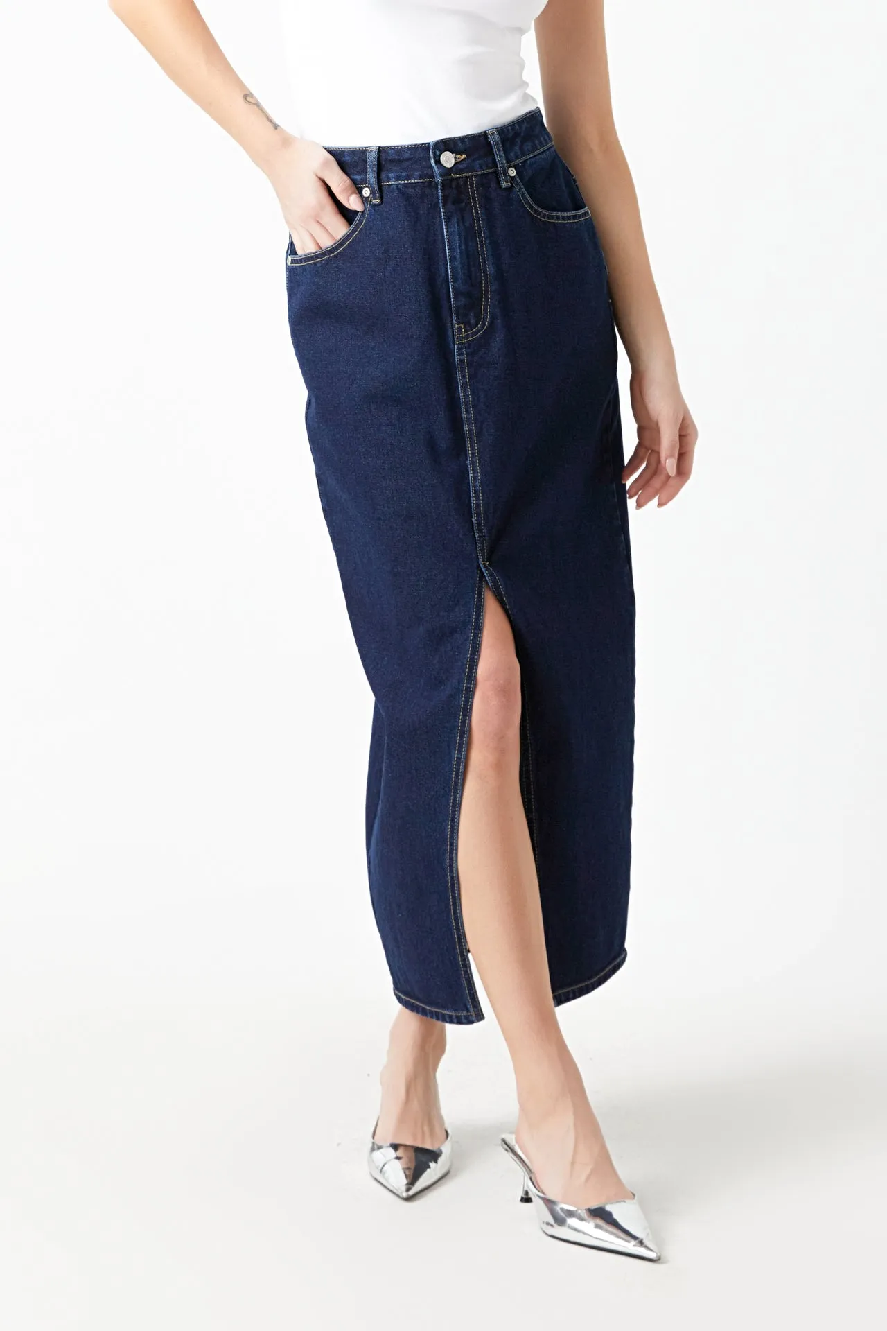 Front Slit Denim Maxi Skirt
