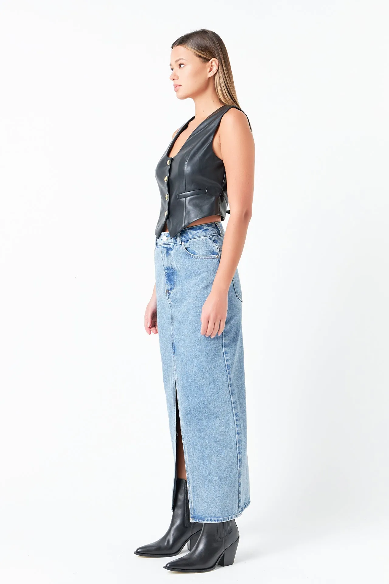 Front Slit Denim Maxi Skirt