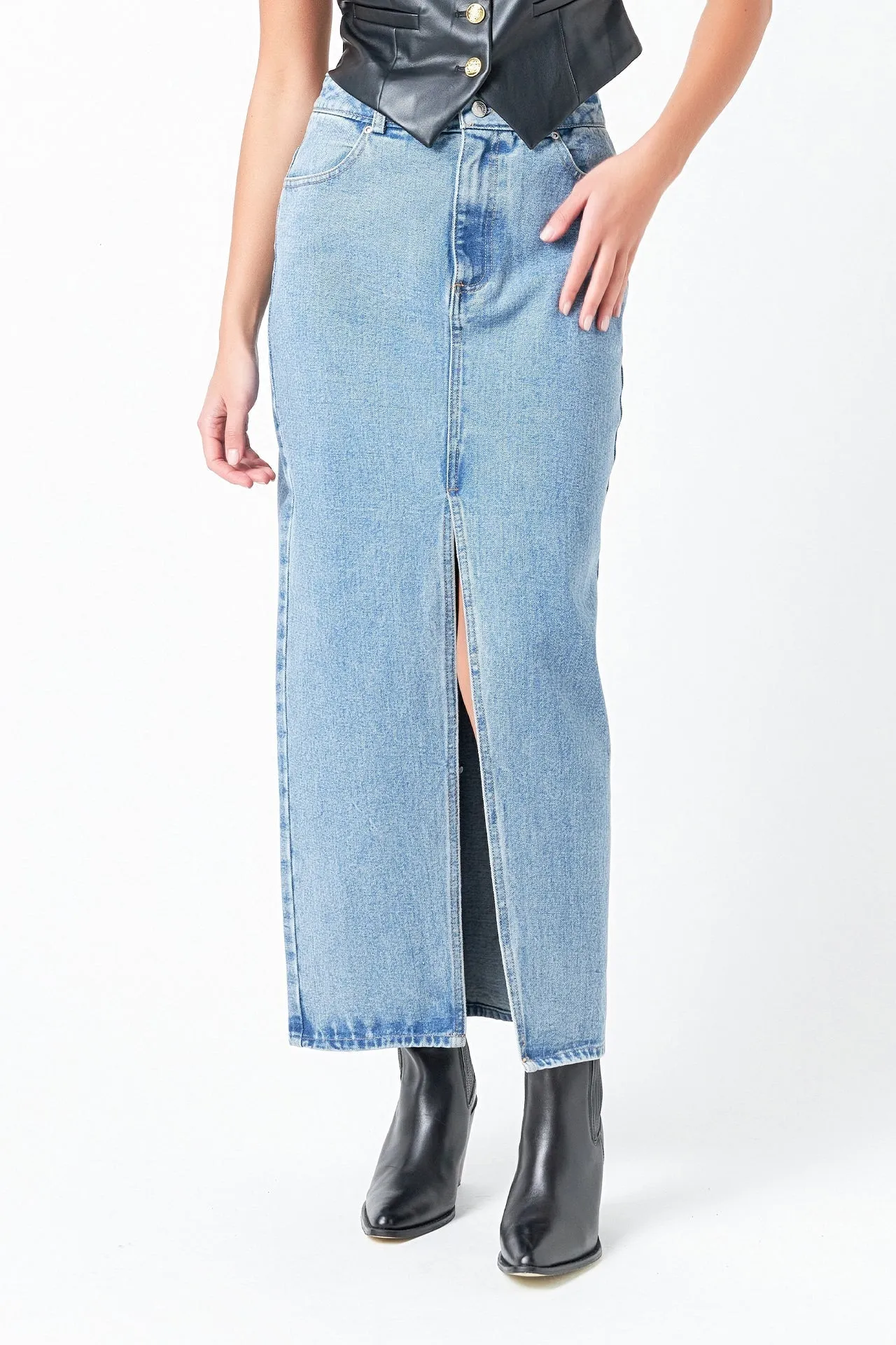 Front Slit Denim Maxi Skirt