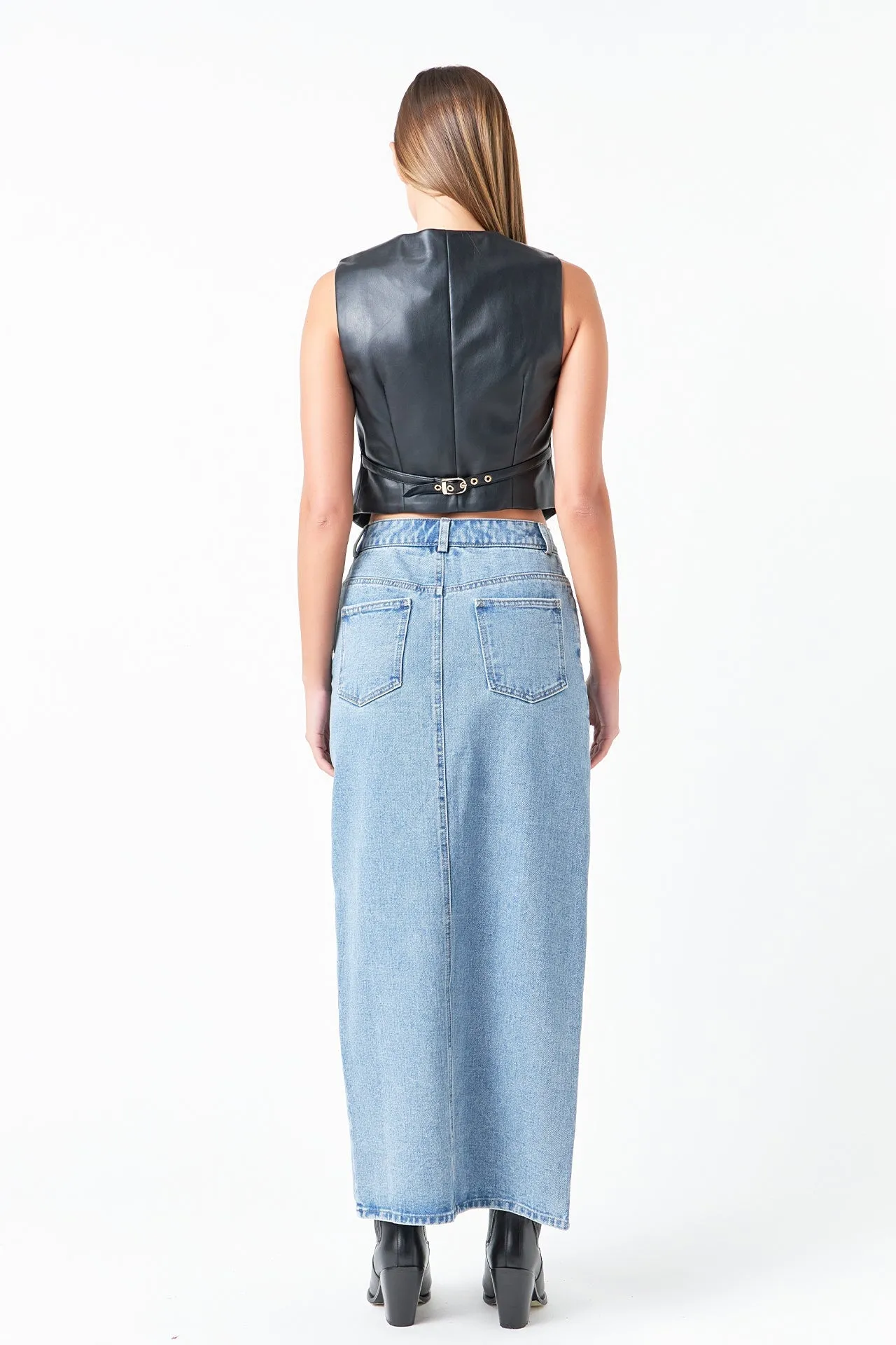 Front Slit Denim Maxi Skirt