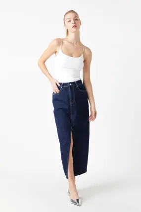 Front Slit Denim Maxi Skirt