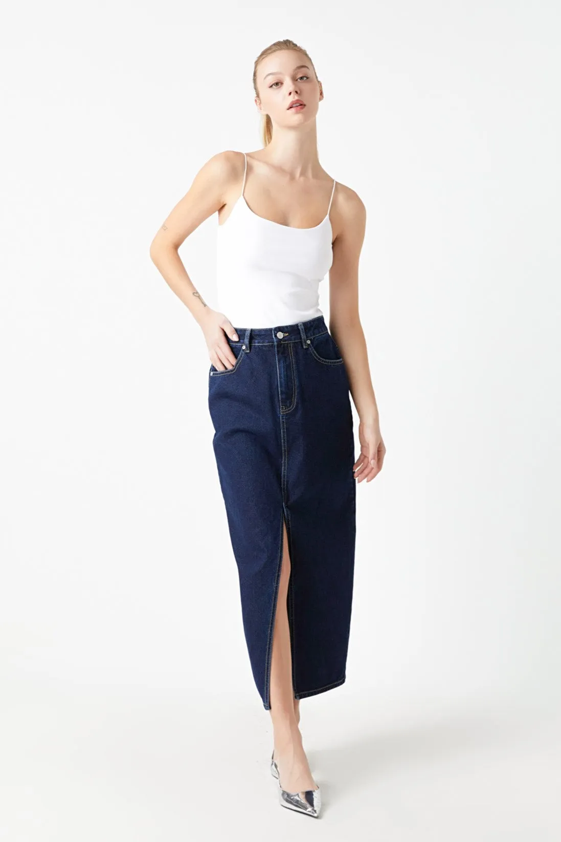 Front Slit Denim Maxi Skirt