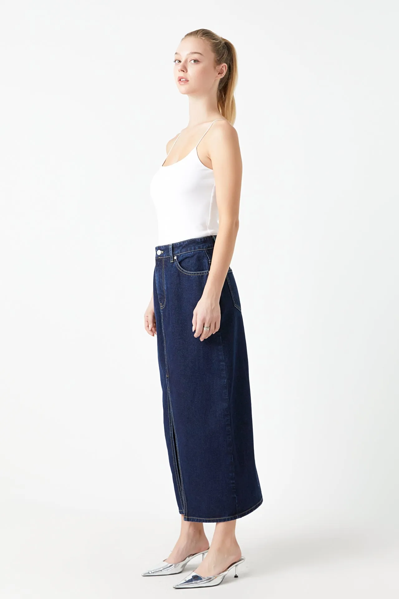 Front Slit Denim Maxi Skirt