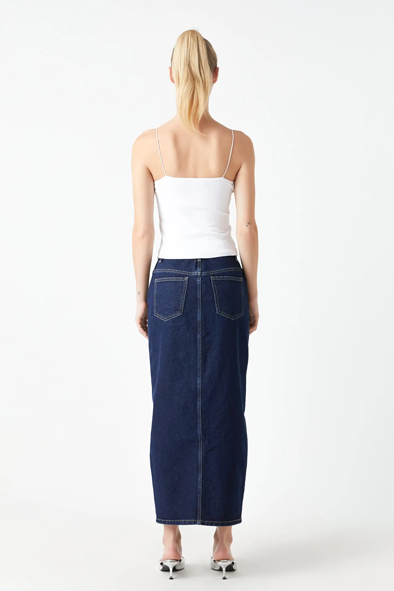 Front Slit Denim Maxi Skirt