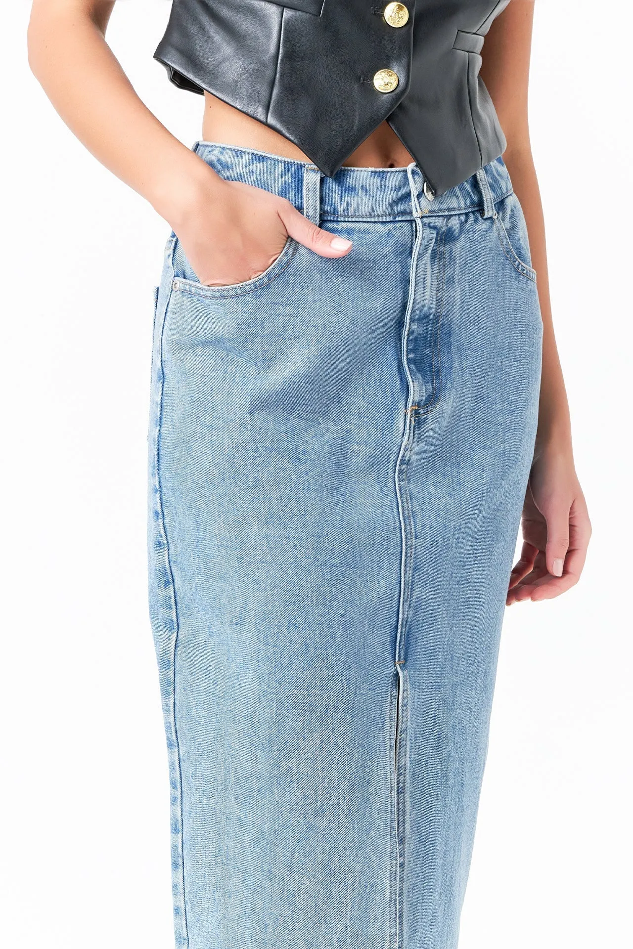 Front Slit Denim Maxi Skirt