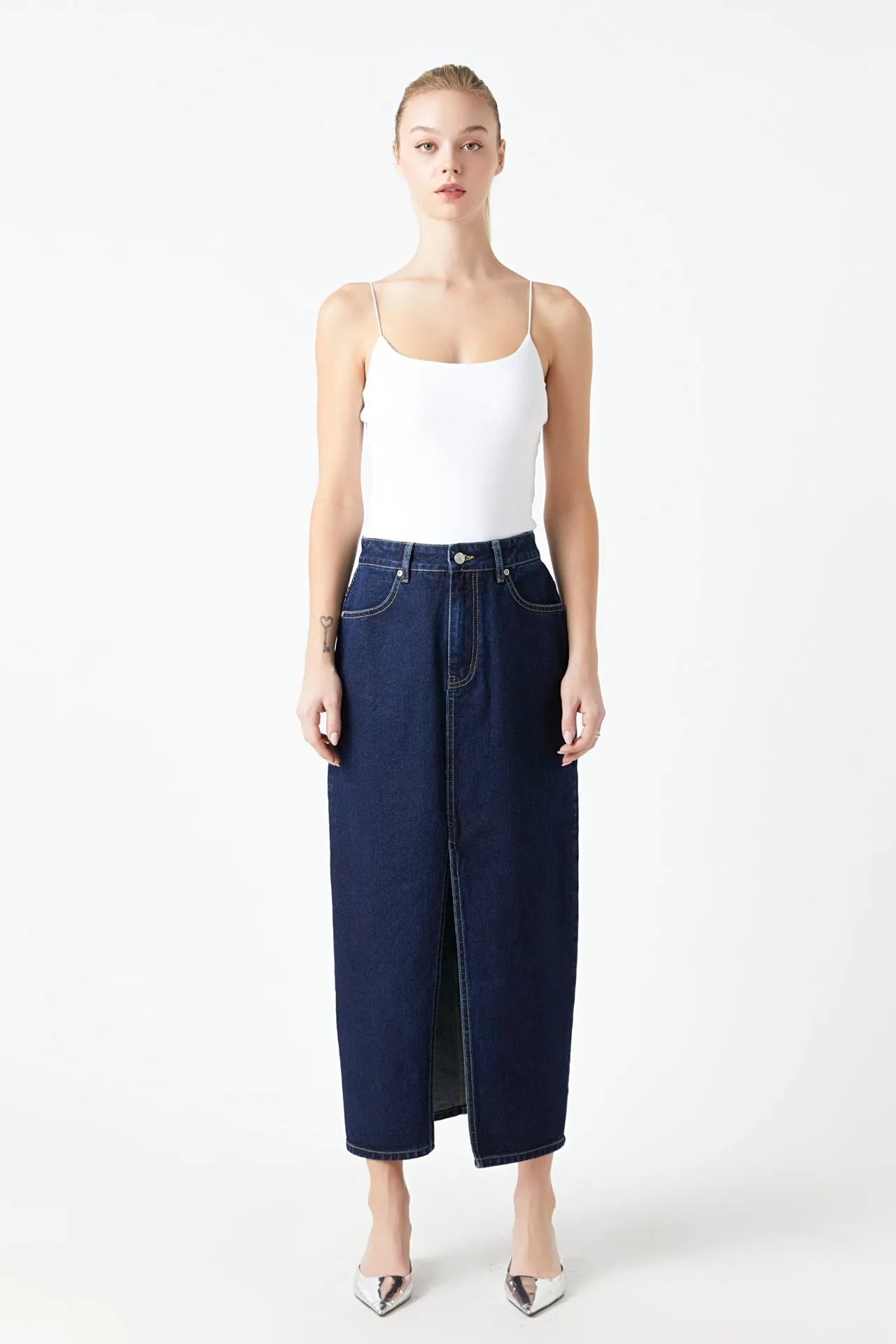 Front Slit Denim Maxi Skirt