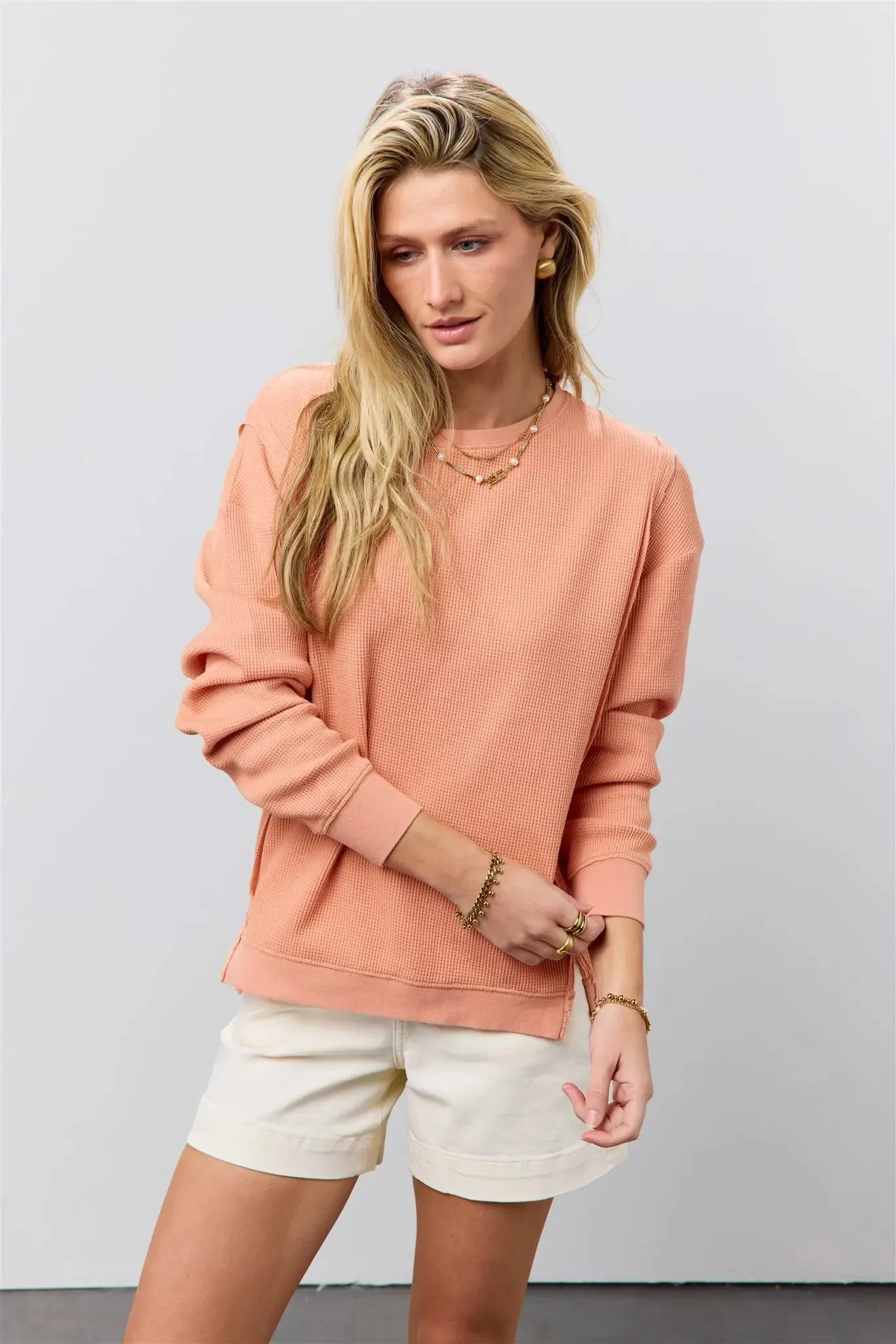 Georgia Waffle Knit Top in Peach - FINAL SALE