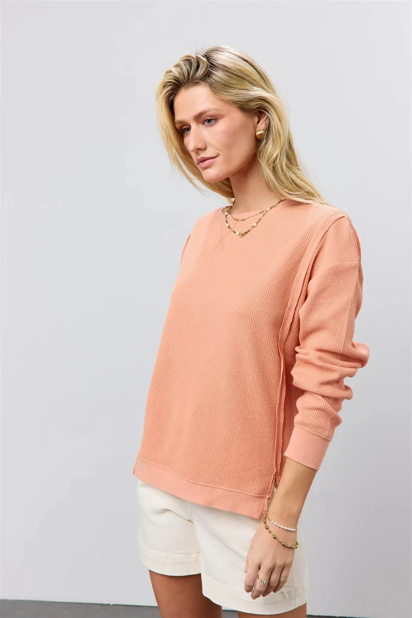 Georgia Waffle Knit Top in Peach - FINAL SALE