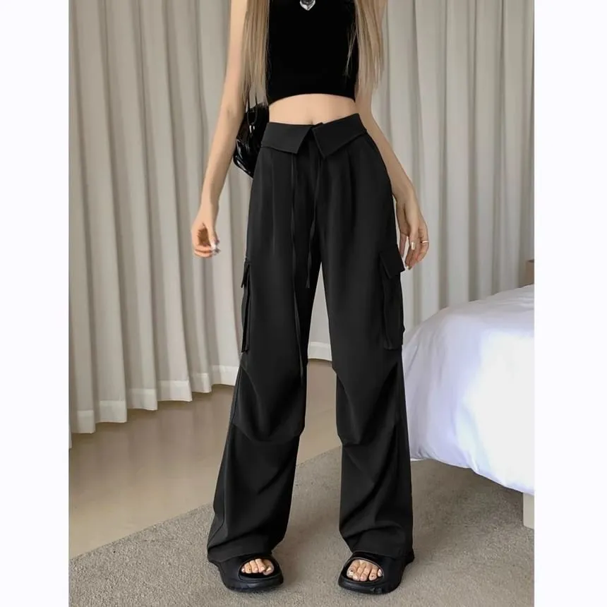 High Waist Folded Waistline Plain Pocket Straight-Fit Wide-Leg Cargo Pants
