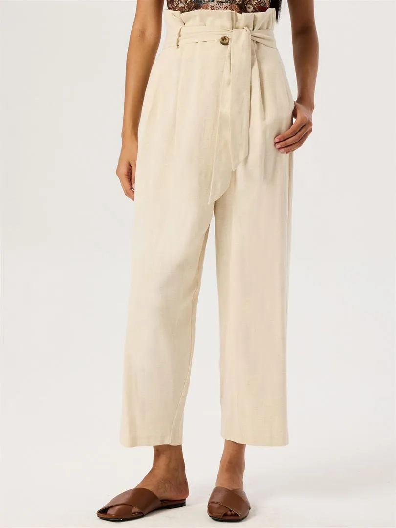 High Waist Tire-Cut Pants with Waist Belt - Beige