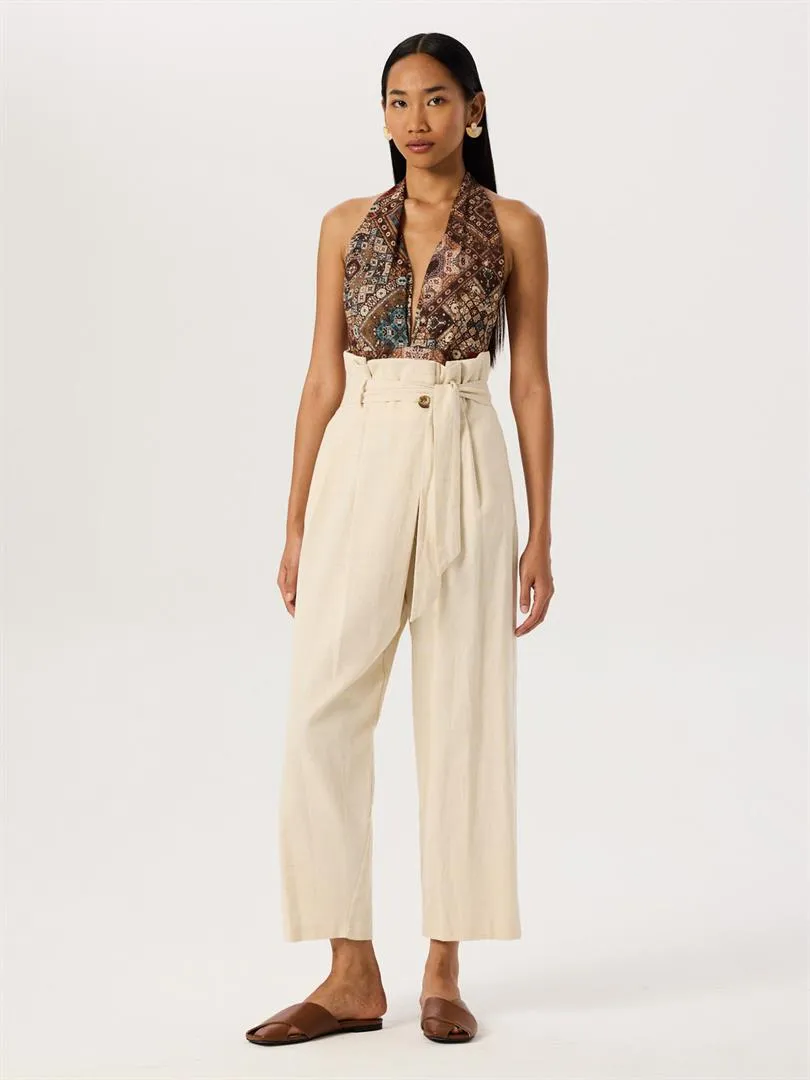 High Waist Tire-Cut Pants with Waist Belt - Beige
