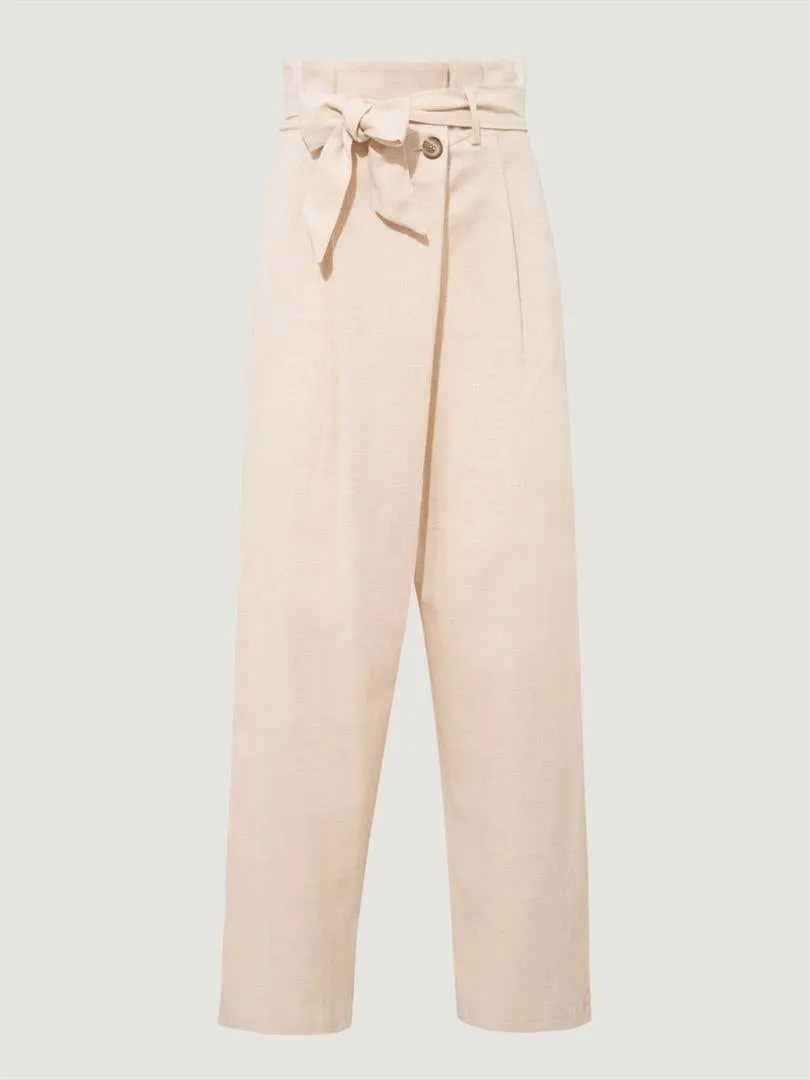 High Waist Tire-Cut Pants with Waist Belt - Beige